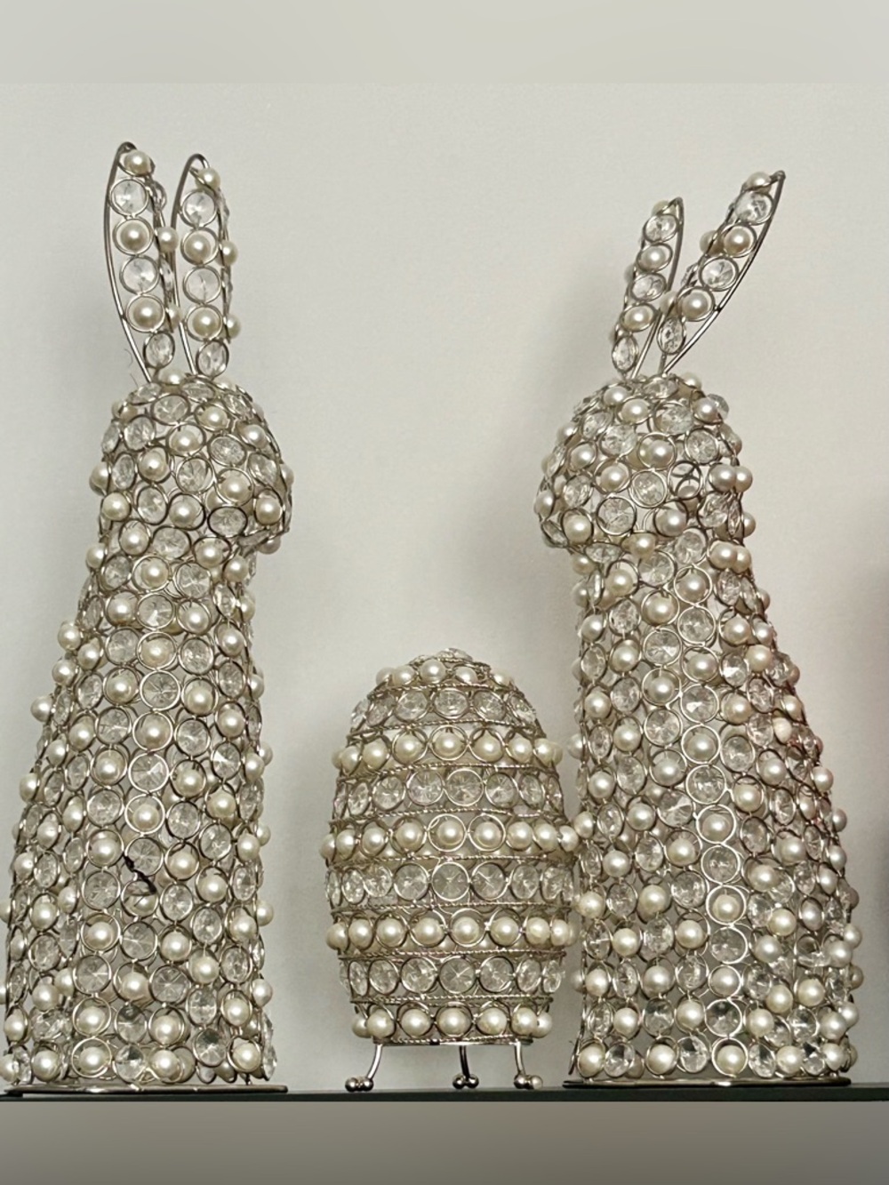 Crystal & Pearl Bunny Figurines Decorative Set - Silver and White